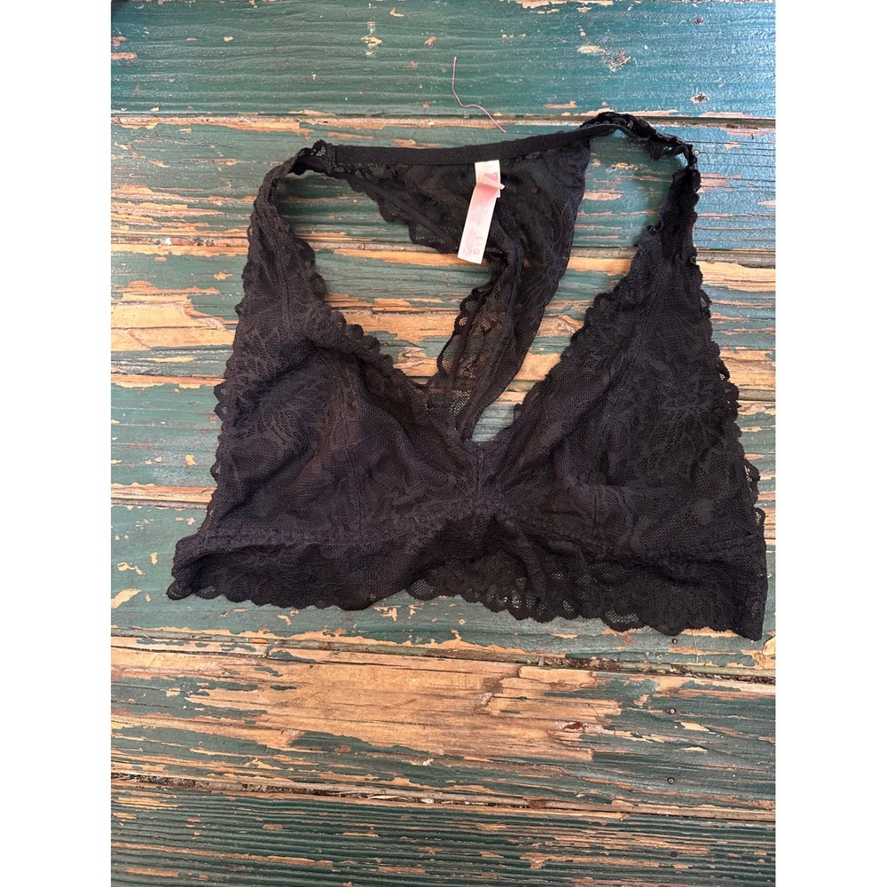 Pink Victoria's Secret Black Lace Racerback Bralette Large L Floral Wireless